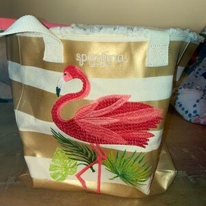 Spartina 449 Gold and White Stripe Tote with Pink Flamingo Embroidery